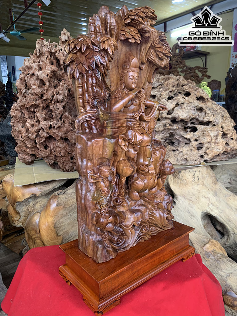 Tượng Phật Bà Tự Tại Gỗ Bách Xanh Cao 75 Ngang 38 Sâu 15 Cả Kỷ 85 (cm) 5