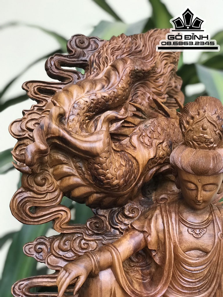 Tượng Phật Bà Cưỡi Rồng Gỗ Bách Xanh Cả Kỷ Cao 98 Ngang 45 Sâu 28 (cm) 3