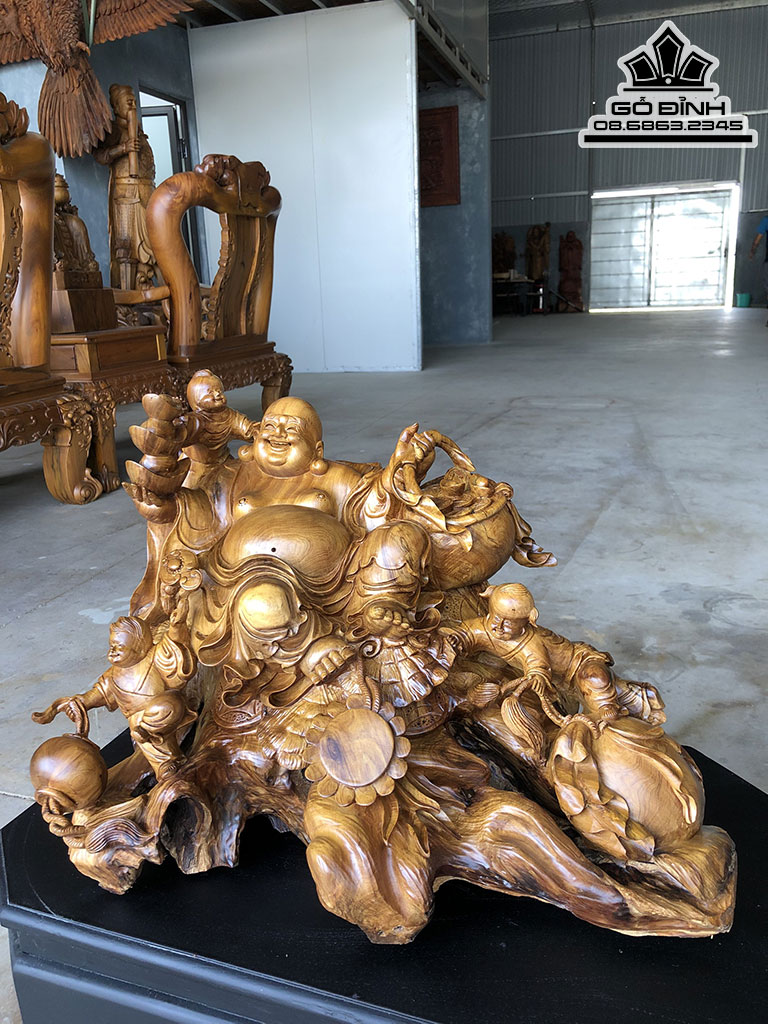 Tượng Phật Di Lặc Tam Phúc Gỗ Bách Xanh Cao 38 Ngang 52 Sâu 36 (cm) 0