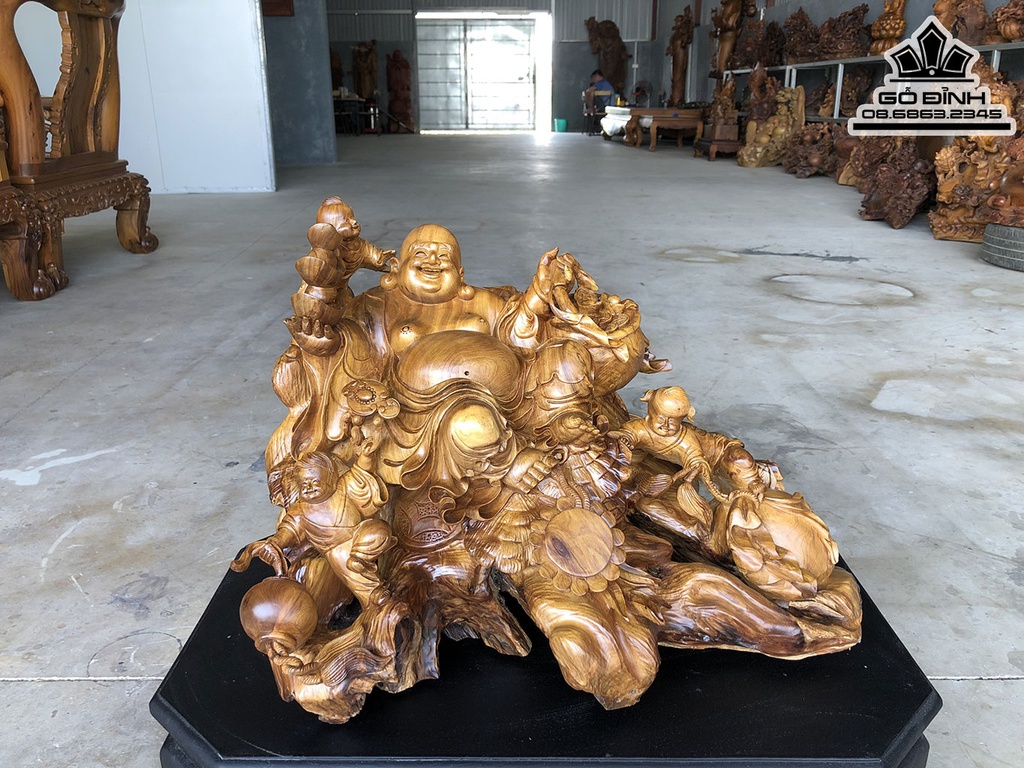 Tượng Phật Di Lặc Tam Phúc Gỗ Bách Xanh Cao 38 Ngang 52 Sâu 36 (cm) 3