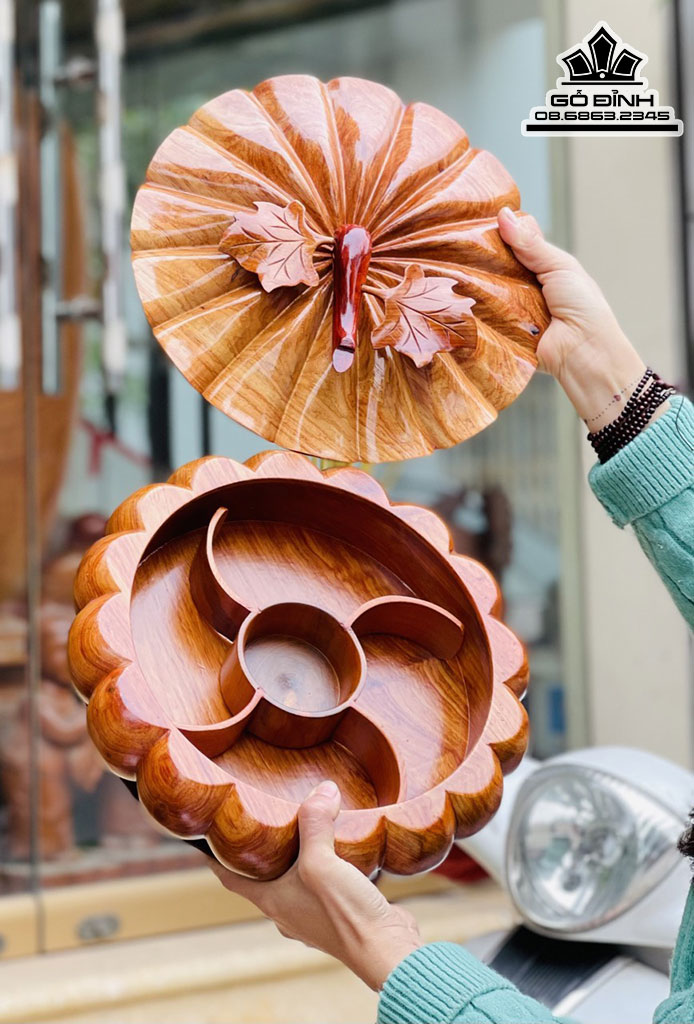 Khay Bí Ngô Đựng Bánh Kẹo Gỗ Hương Việt Cao 19 Đường Kính 30 (cm) 1