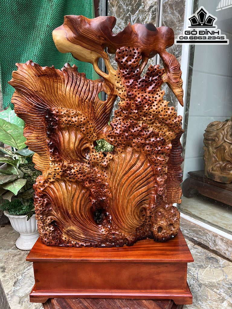 Tượng Cá Xiêm Uyên Ương Gỗ Hương Nguyên Khối Cao 75 Ngang 48 Sâu 15 (cm) 1