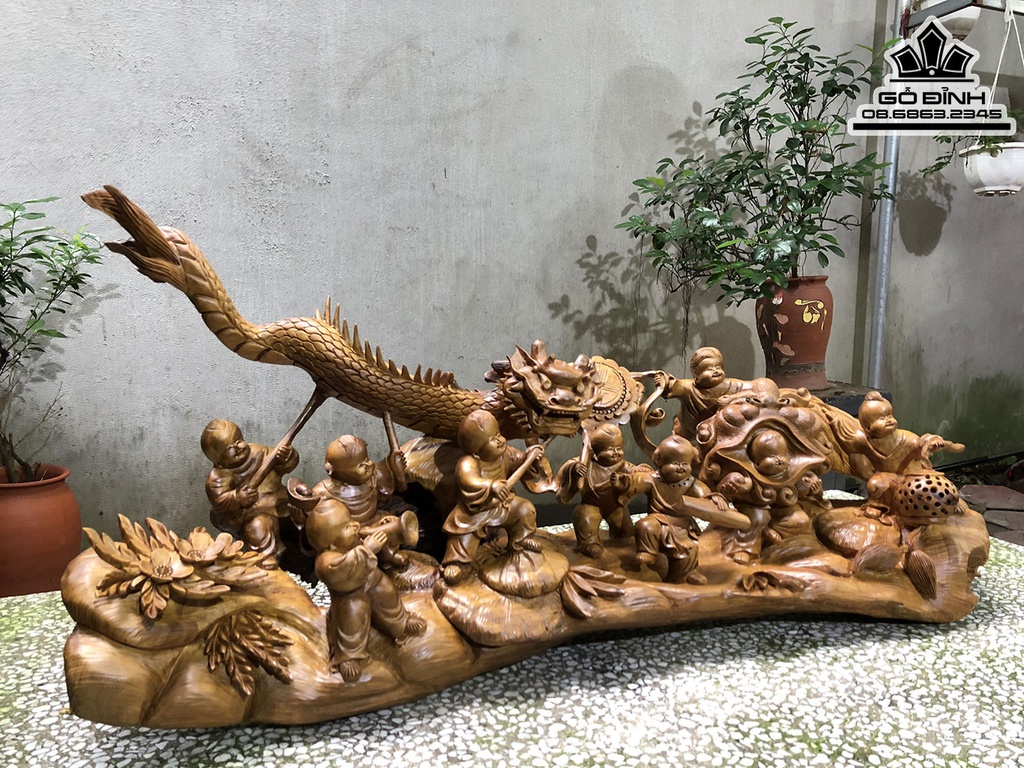 Tượng Cửu Phúc Gỗ Bách Xanh Cao 40 Ngang 86 Sâu 24 (cm) 3