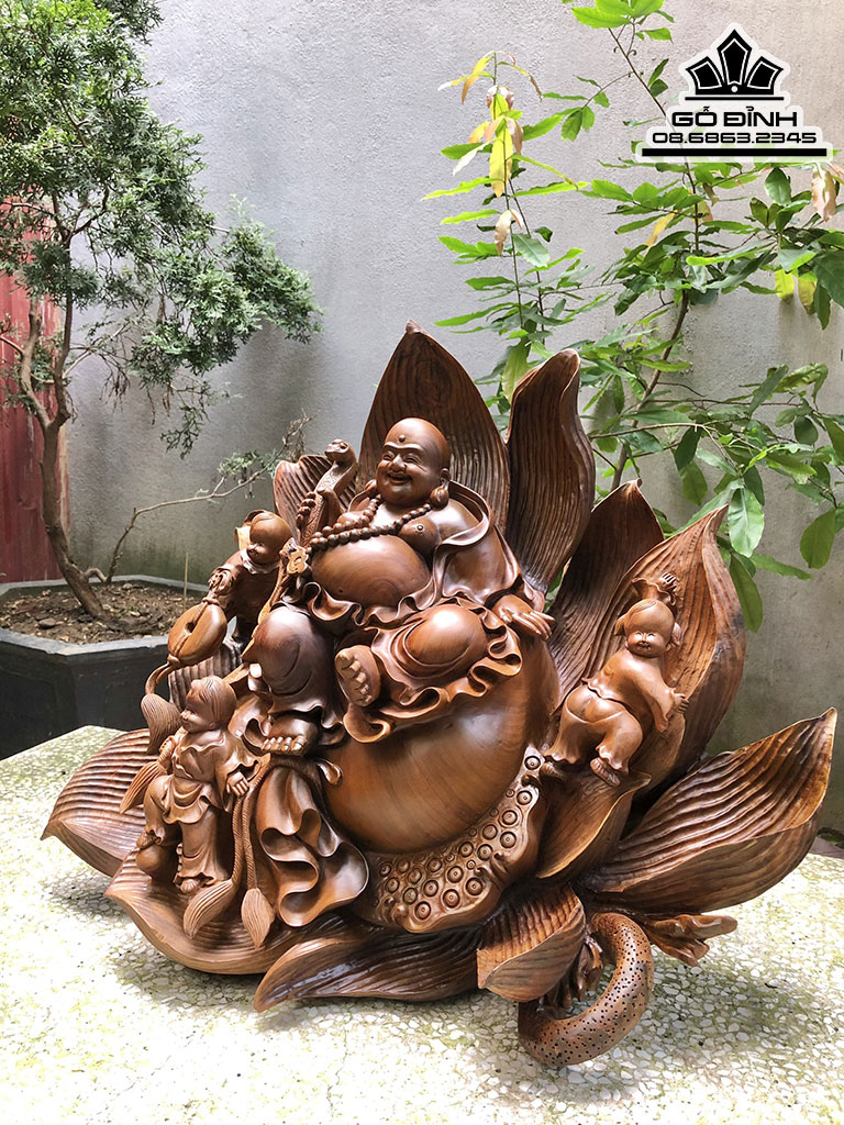 Tượng Phật Di Lặc Tọa Đài Sen Gỗ Bách Xanh Cao 55 Ngang 70 Sâu 35 (cm) 0