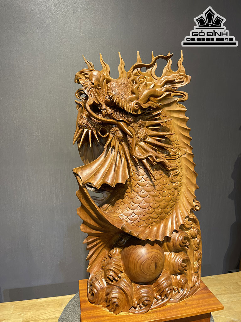 Tượng Cá Chép Hóa Rồng Gỗ Ngọc Am Cao 62 Ngang 33 Sâu 17 Cả Kỷ 78 (cm) 0