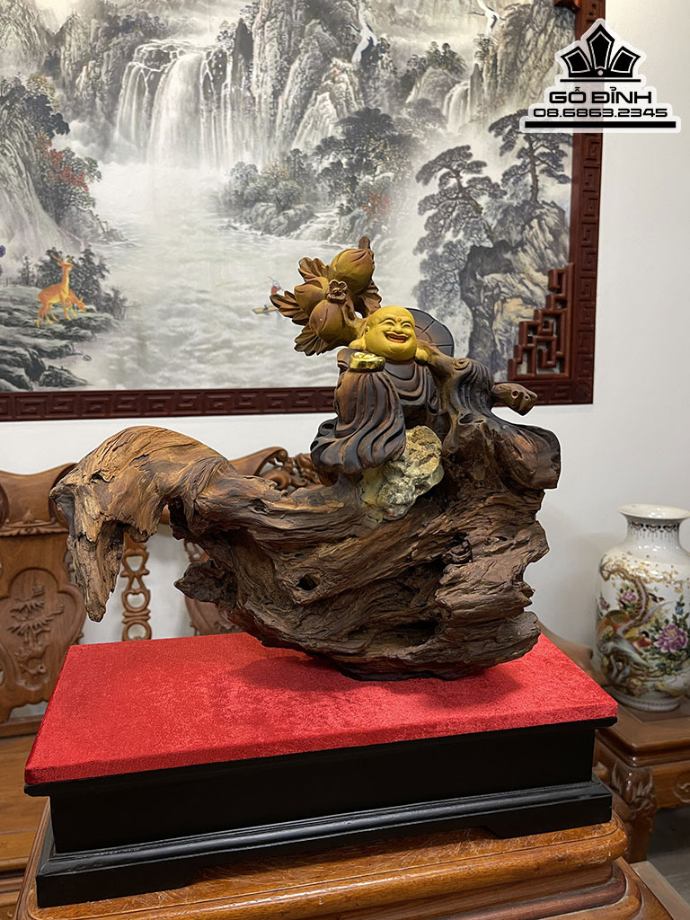 Tượng Phật Di Lặc Gỗ Lũa Bách Xanh Cao 33 Ngang 33 Sâu 14 (cm) 1