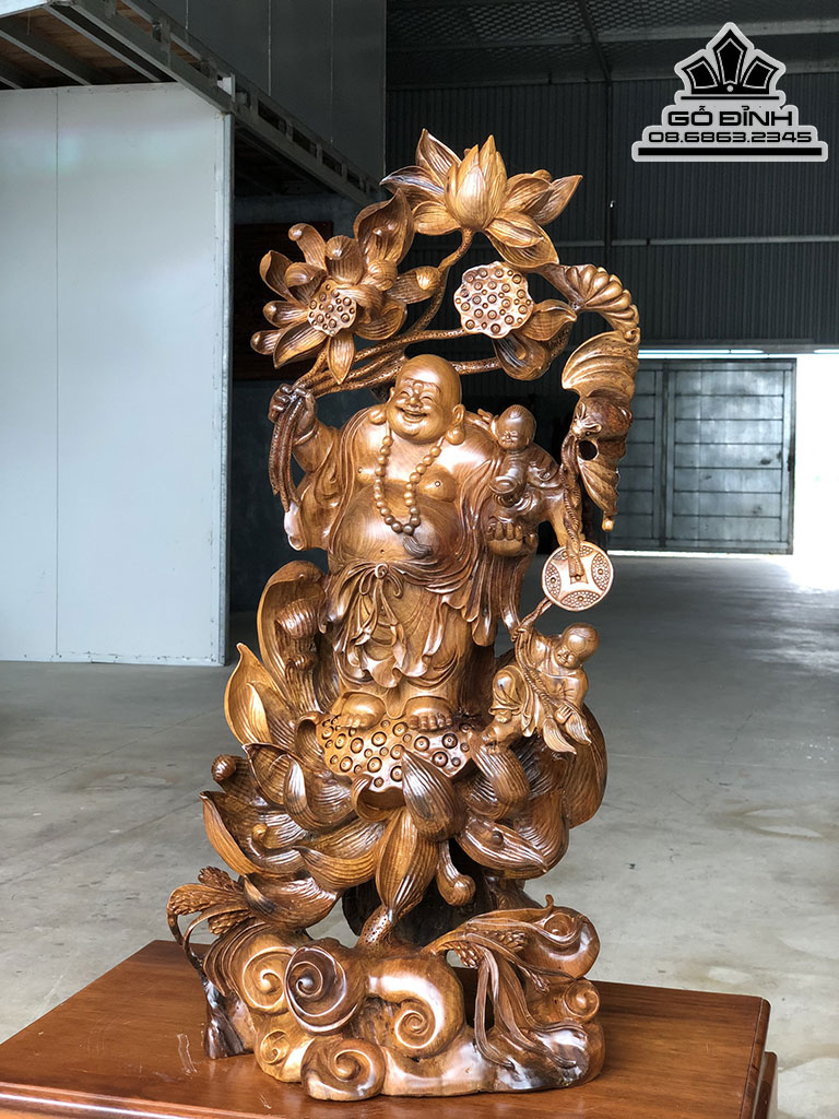 Tượng Phật Di Lặc Đứng Đài Sen Gỗ Bách Xanh Cao 75 Ngang 35 Sâu 20 (cm) 1