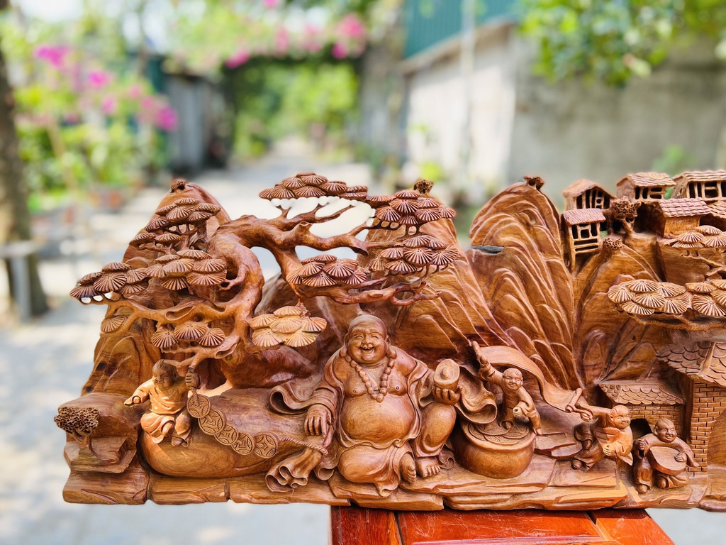 Tượng Tiểu Cảnh Phật Di Lặc Gỗ Hương Việt Nguyên Khối Cao 30 Ngang 80 Sâu 15 (cm) 0