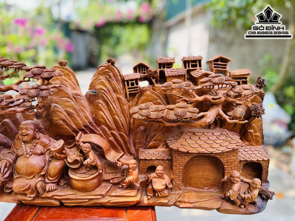 Tượng Tiểu Cảnh Phật Di Lặc Gỗ Hương Việt Nguyên Khối Cao 30 Ngang 80 Sâu 15 (cm) 1