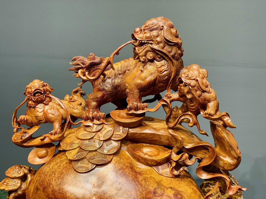 Tượng Tam Nghê Gỗ Nu Hương Cao 66 Ngang 61 Sâu 39 Cả Kỷ 76 (cm) 2