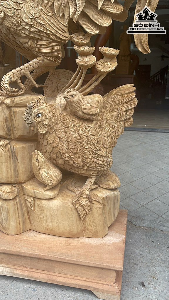 Tượng Gia Đình Gà Gỗ Ngọc Am Nguyên Khối Cao 83 Ngang 44 Sâu 23 Cả Kỷ 91 (cm) 0