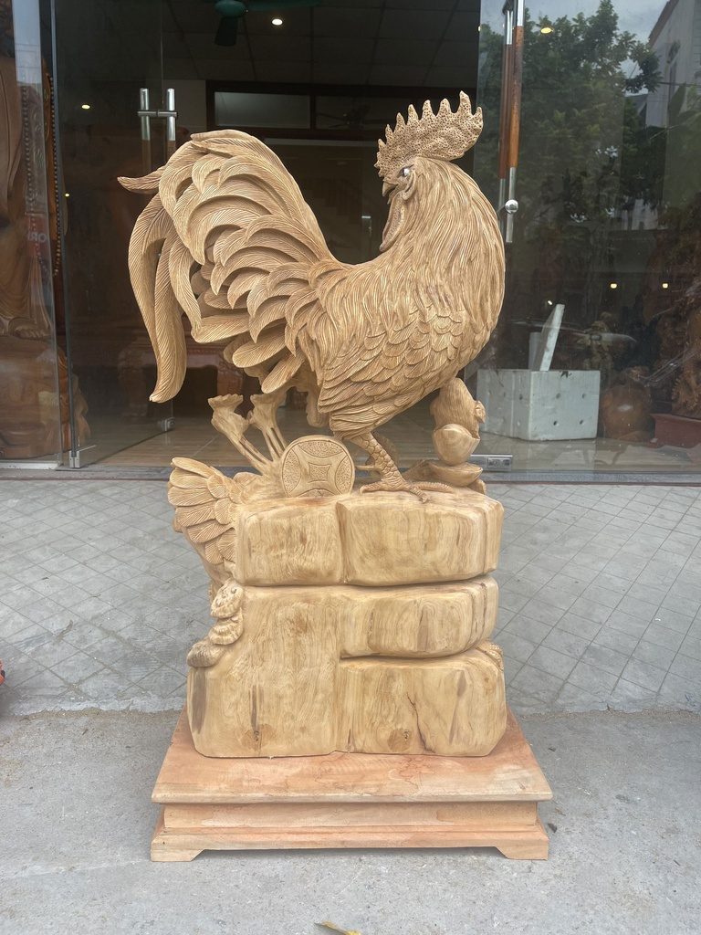 Tượng Gia Đình Gà Gỗ Ngọc Am Nguyên Khối Cao 83 Ngang 44 Sâu 23 Cả Kỷ 91 (cm) 1