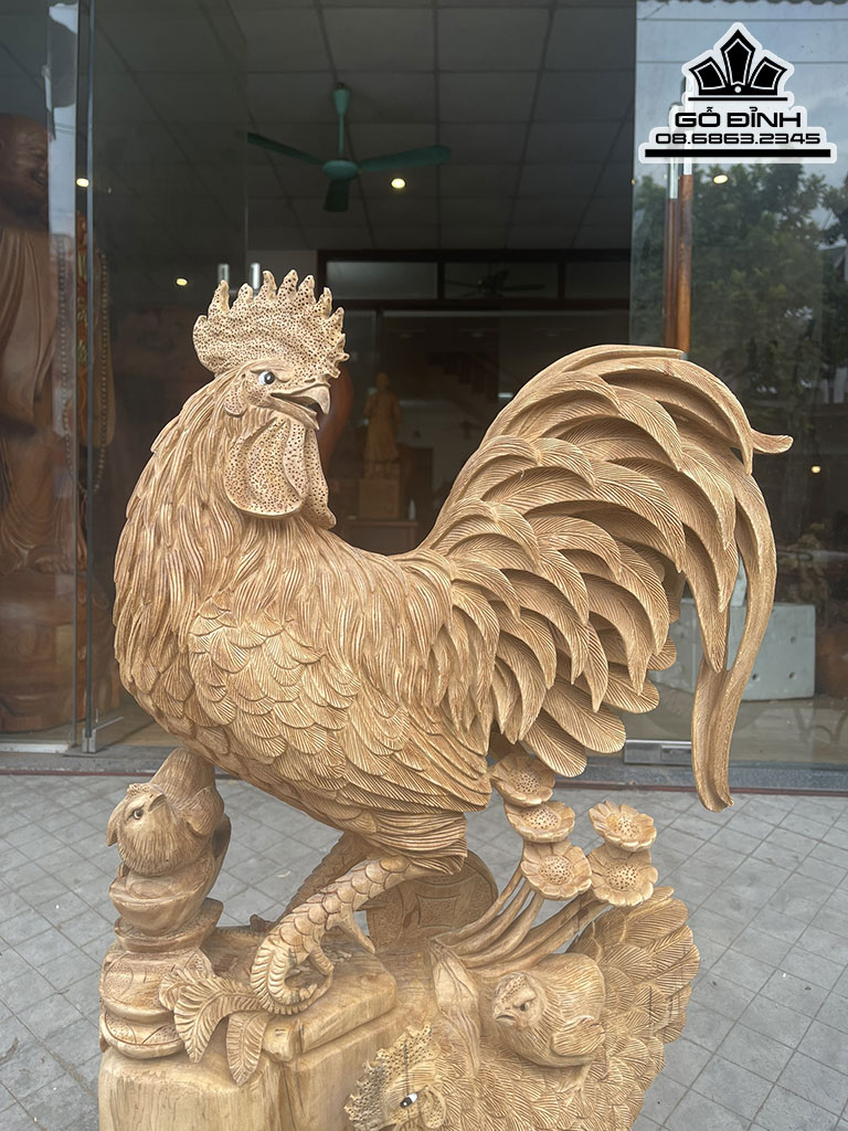 Tượng Gia Đình Gà Gỗ Ngọc Am Nguyên Khối Cao 83 Ngang 44 Sâu 23 Cả Kỷ 91 (cm) 2
