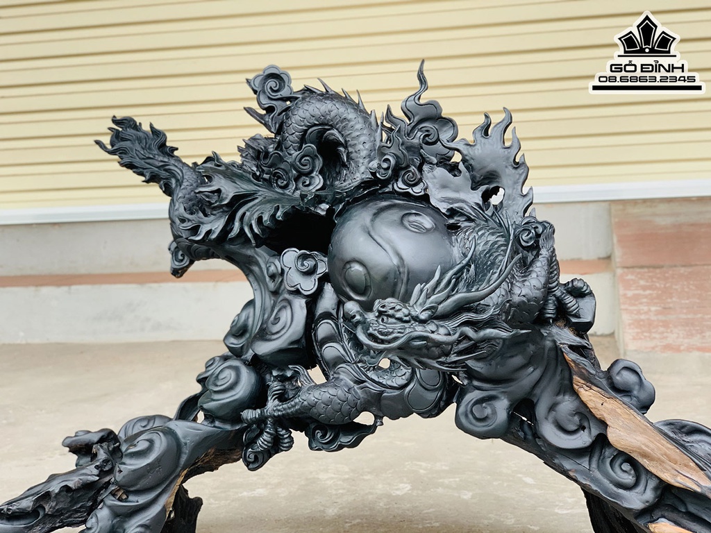 Tượng Nhất Long Vờn Ngọc Gỗ Mun Sừng Cao 51 Ngang 86 Sâu 38 (cm) 0