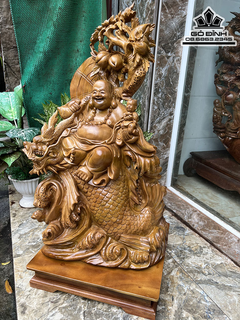 Tượng Phật Di Lặc Ngự Cá Chép Gỗ Hương Việt Nguyên Khối Cao 90 Ngang 46 Sâu 30 (cm) 0