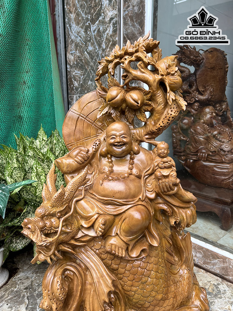 Tượng Phật Di Lặc Ngự Cá Chép Gỗ Hương Việt Nguyên Khối Cao 90 Ngang 46 Sâu 30 (cm) 1