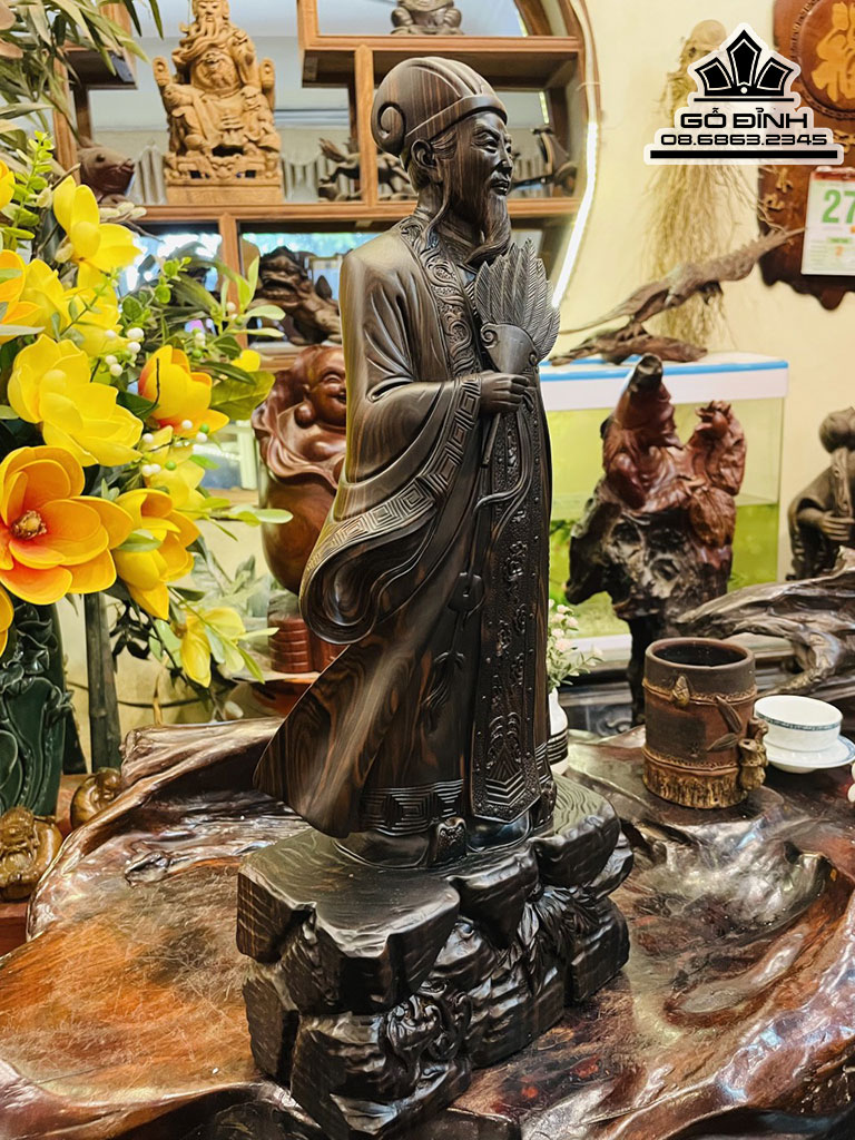 Tượng Khổng Minh Tiên Sinh Gỗ Mun Hoa Nguyên Khối Cao 50 Ngang 20 Sâu 11 (cm) 0