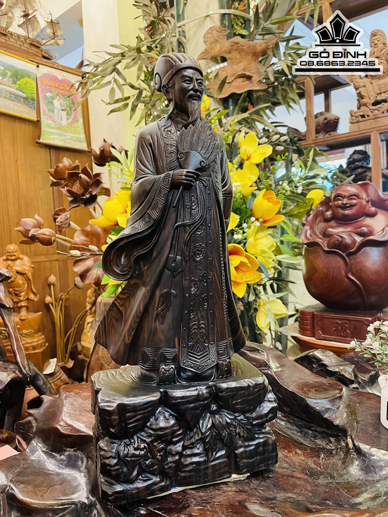 Tượng Khổng Minh Tiên Sinh Gỗ Mun Hoa Nguyên Khối Cao 50 Ngang 20 Sâu 11 (cm) 2