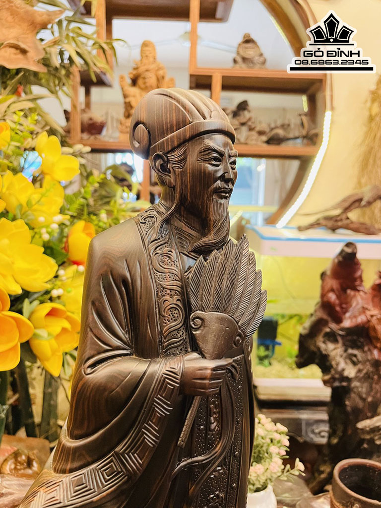 Tượng Khổng Minh Tiên Sinh Gỗ Mun Hoa Nguyên Khối Cao 50 Ngang 20 Sâu 11 (cm) 5