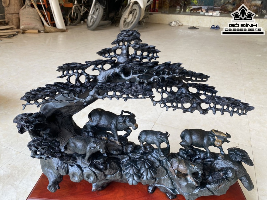 Tượng Đàn Trâu Xuống Núi Gỗ Mun Sừng Khánh Hòa Cao 50 Ngang 66 Sâu Cả Kỷ Cao 60 (cm) 3