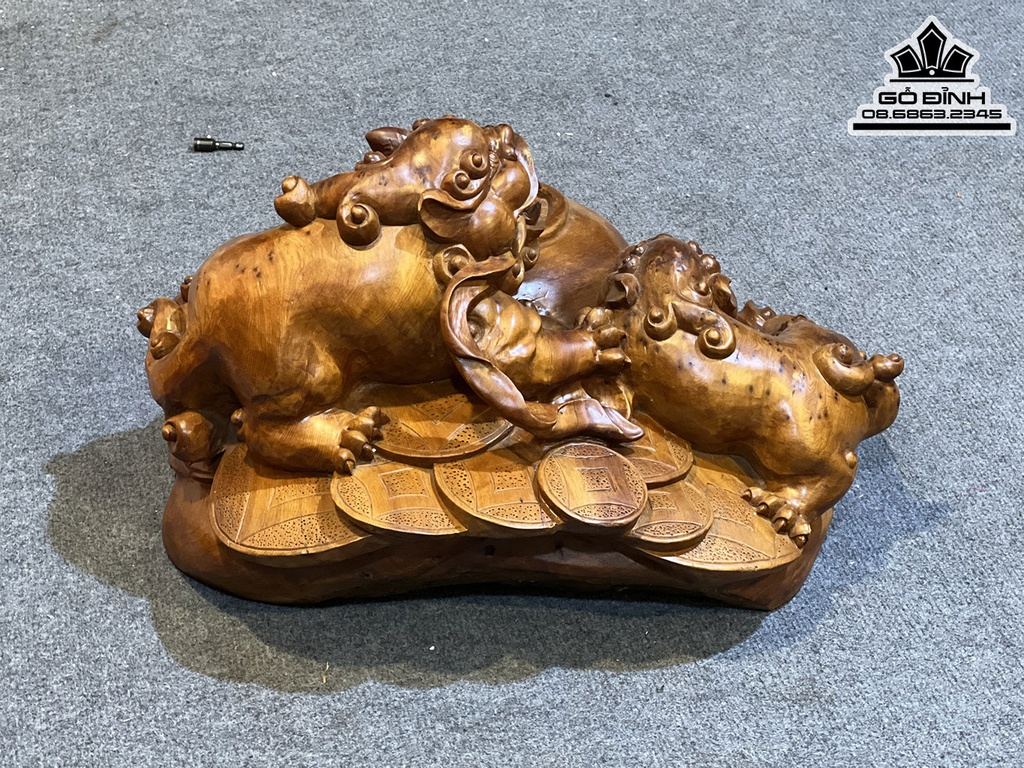 Tượng Song Nghê Trấn Bình Gỗ Nu Ngọc Am Cao 30 Ngang 58 Sâu 45 (cm) 0