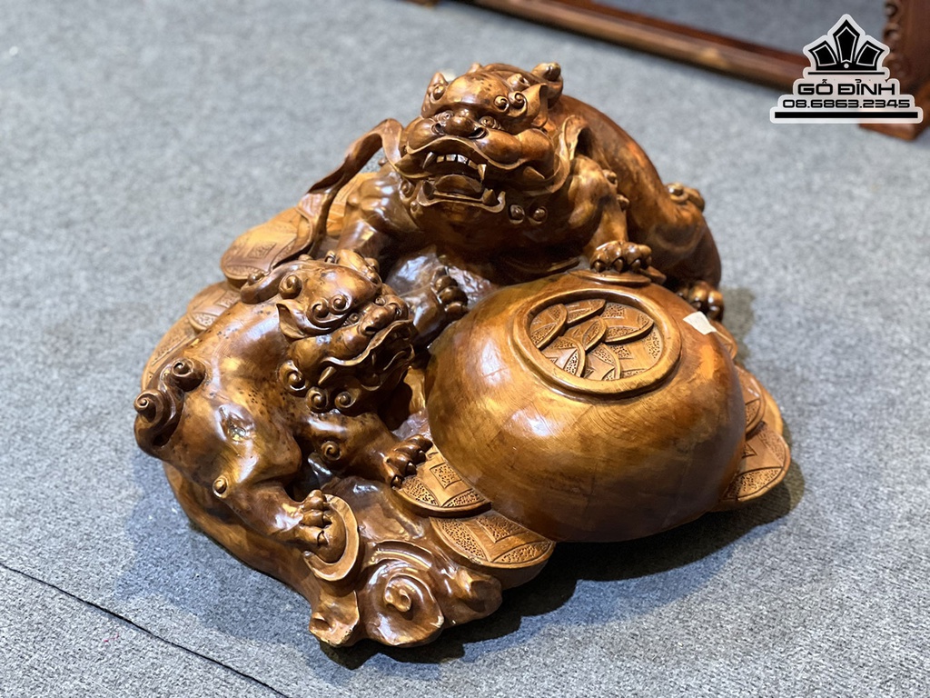 Tượng Song Nghê Trấn Bình Gỗ Nu Ngọc Am Cao 30 Ngang 58 Sâu 45 (cm) 1