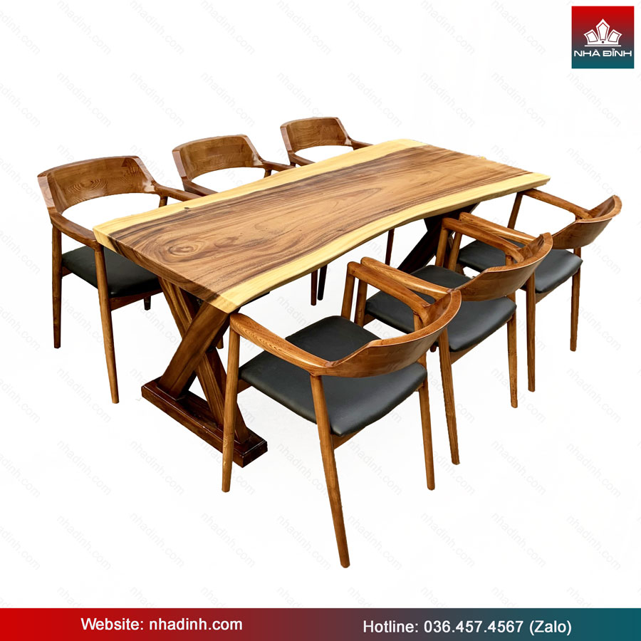 Bàn Ăn 6 Ghế Gỗ Me Tây Nguyên Khối Dài 185 Rộng 70-66-80 Cao 75 (cm)