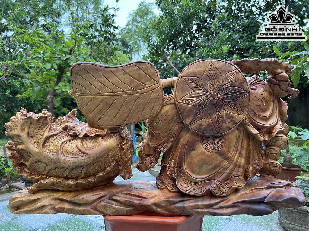 Tượng Phật Di Lặc Vác Quạt Ba Tiêu Gỗ Xá Xị Cao 39 Ngang 79 Sâu 19 (cm) 2