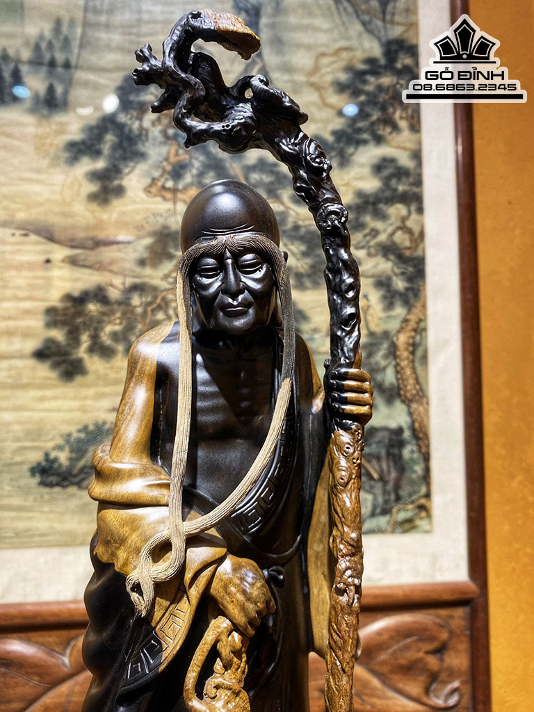 Tượng La Hán Trường Mi Gỗ Mun Sừng Khánh Hòa Nguyên Khối Cao 65 Ngang 20.5 Sâu 21 (cm)