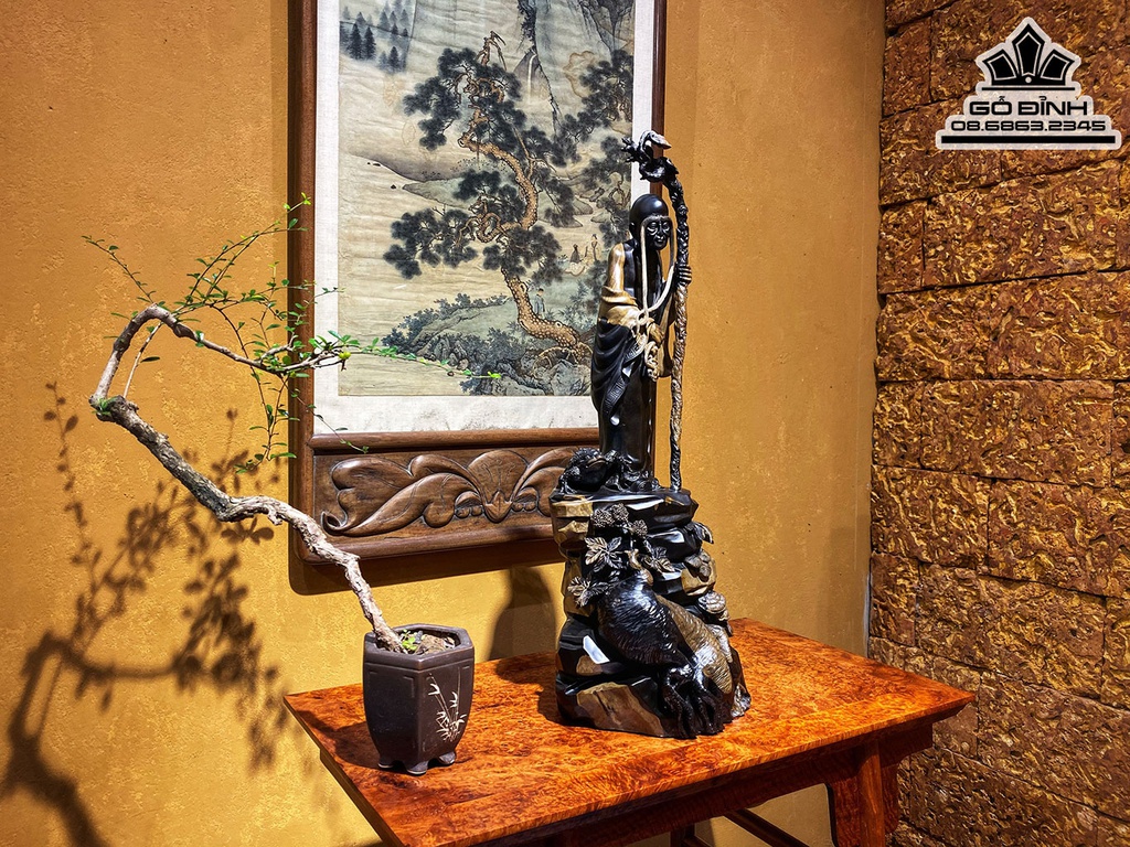 Tượng La Hán Trường Mi Gỗ Mun Sừng Khánh Hòa Nguyên Khối Cao 65 Ngang 20.5 Sâu 21 (cm) 4