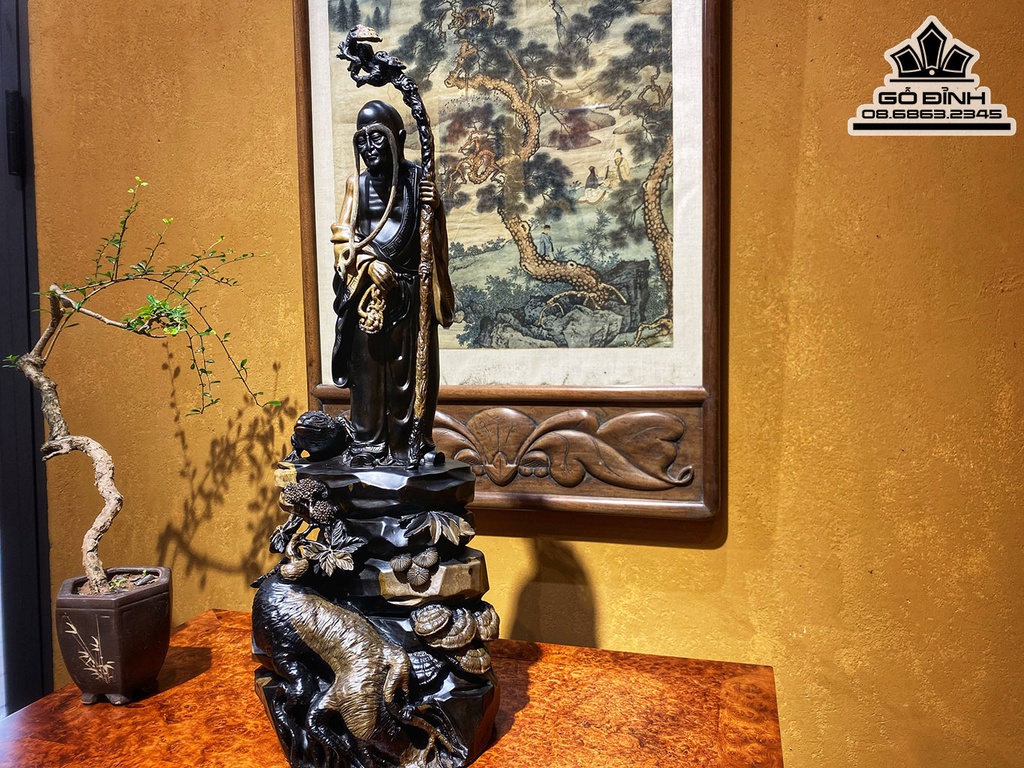 Tượng La Hán Trường Mi Gỗ Mun Sừng Khánh Hòa Nguyên Khối Cao 65 Ngang 20.5 Sâu 21 (cm) 7