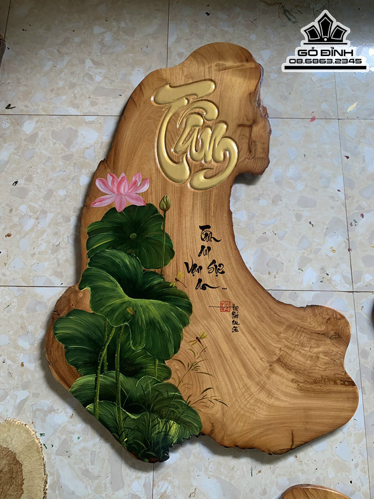 Cặp Tranh Chữ Nhẫn Tâm Gỗ Gõ Đỏ Cao 109 Ngang 74 Sâu 2.2 (cm)