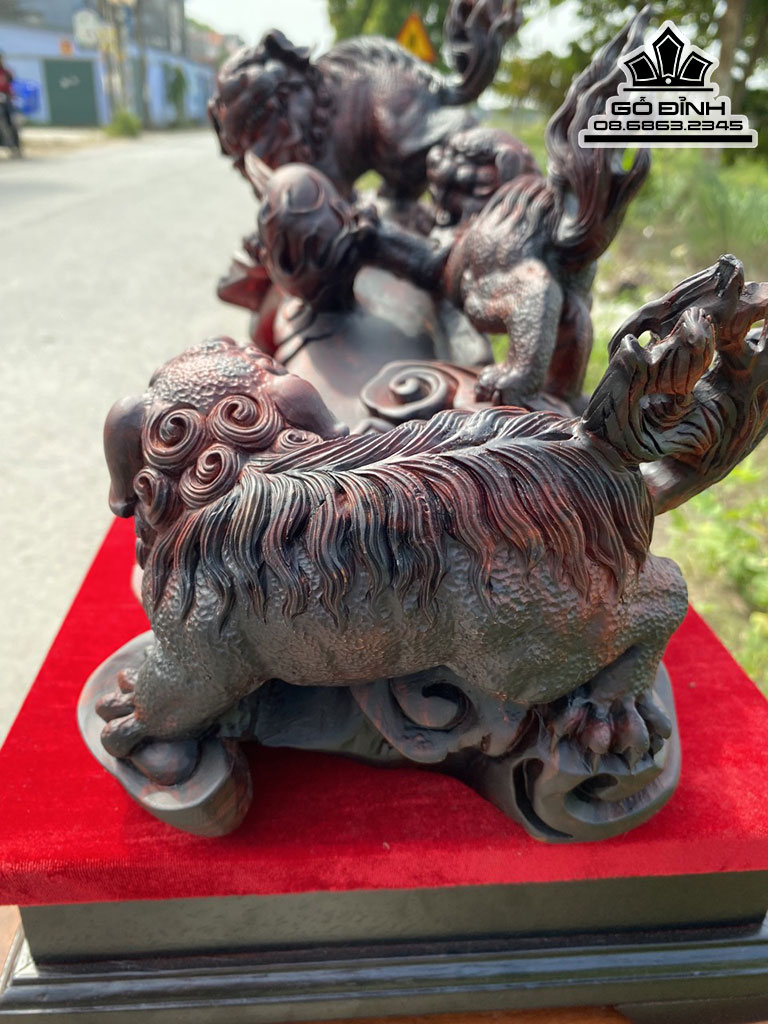 Tượng Tam Lân Vỡn Cầu Gỗ Trắc Nguyên Khối Cao 29 Ngang 63 Sâu 21 Cả Kỷ Cao 38 (cm) 2