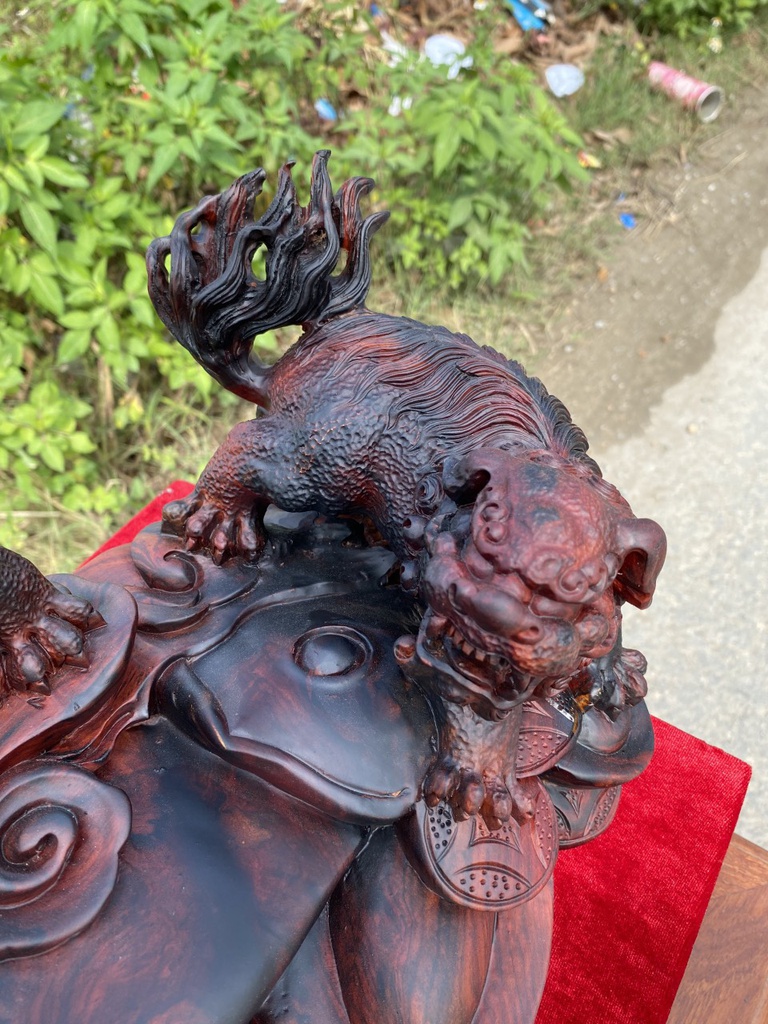 Tượng Tam Lân Vỡn Cầu Gỗ Trắc Nguyên Khối Cao 29 Ngang 63 Sâu 21 Cả Kỷ Cao 38 (cm) 6