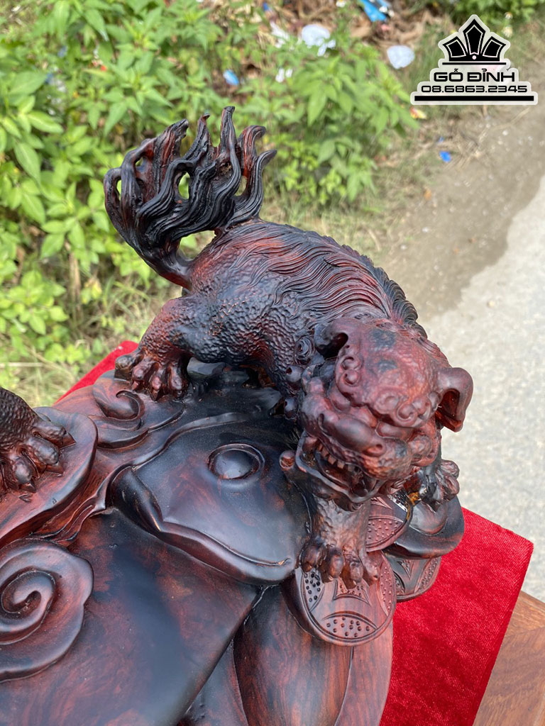 Tượng Tam Lân Vỡn Cầu Gỗ Trắc Nguyên Khối Cao 29 Ngang 63 Sâu 21 Cả Kỷ Cao 38 (cm) 7