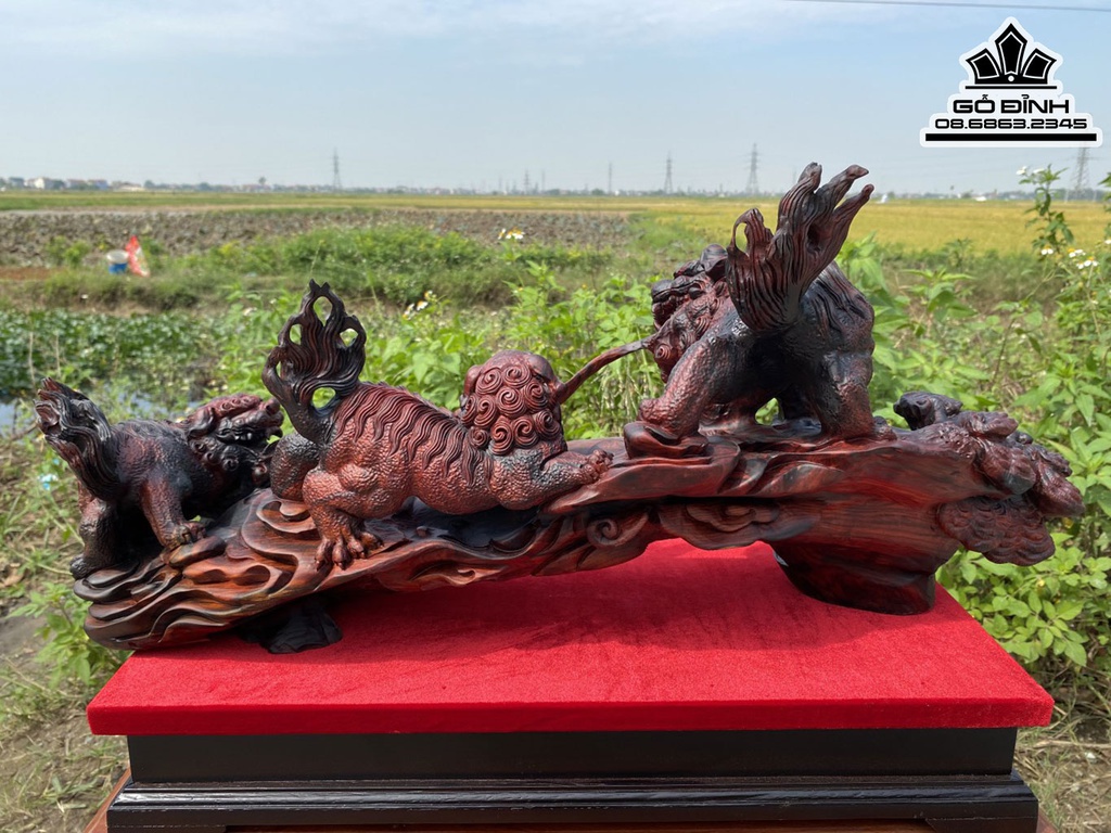 Tượng Tam Lân Vỡn Cầu Gỗ Trắc Nguyên Khối Cao 29 Ngang 63 Sâu 21 Cả Kỷ Cao 38 (cm)9