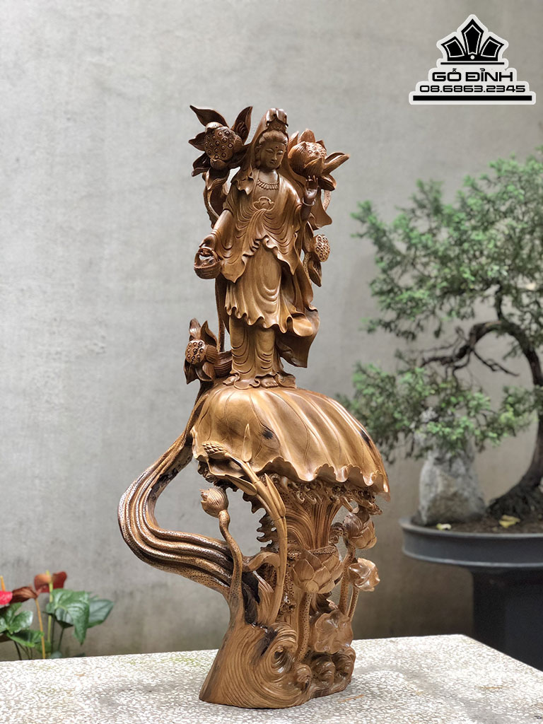 Tượng Phật Bà Quan Âm Gỗ Bách Xanh Cao 100 Ngang 50 Sâu 26 (cm) 1