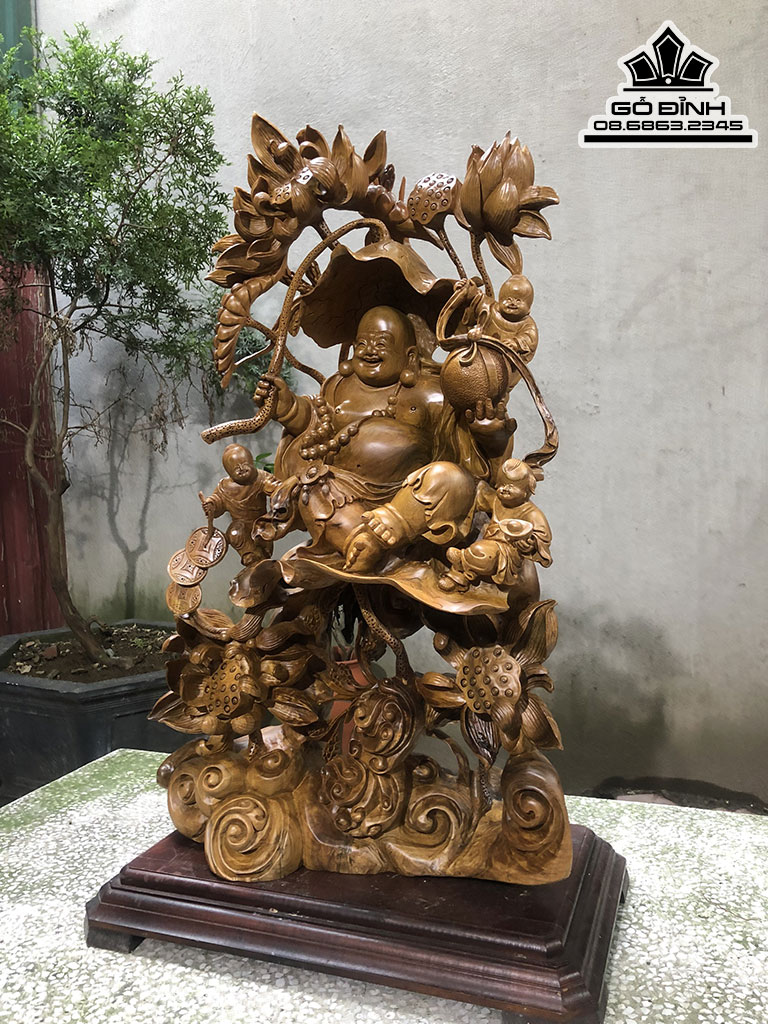 Tượng Phật Di Lặc Tọa Sen Tam Phúc Gỗ Bách Xanh Cao 80 Ngang 50 Sâu 30 (cm) 0