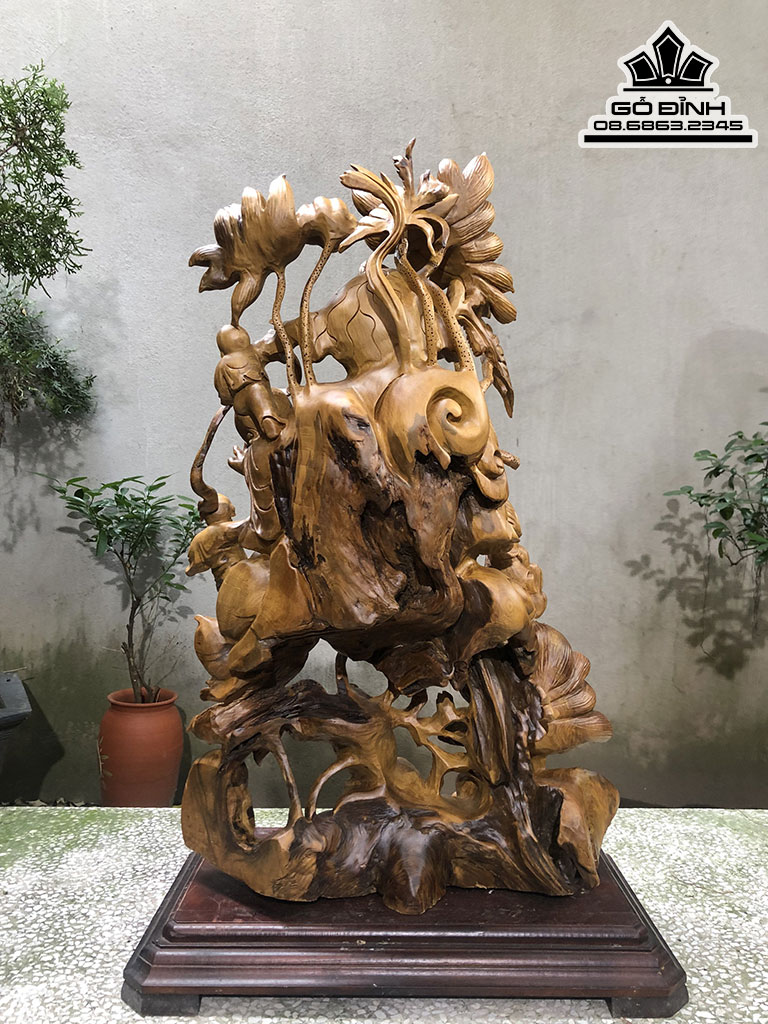 Tượng Phật Di Lặc Tọa Sen Tam Phúc Gỗ Bách Xanh Cao 80 Ngang 50 Sâu 30 (cm) 2