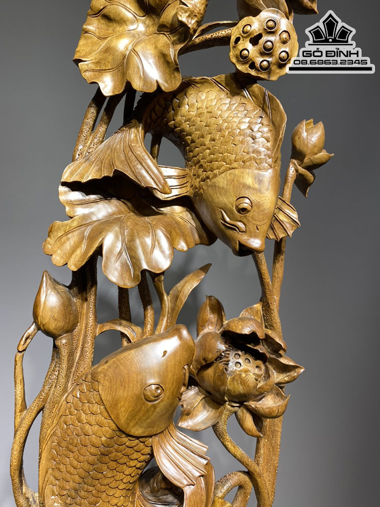 Tượng Song Ngư Đấm Sen Gỗ Bách Xanh Cao 89 Ngang 27 Sâu 17 (cm) 0