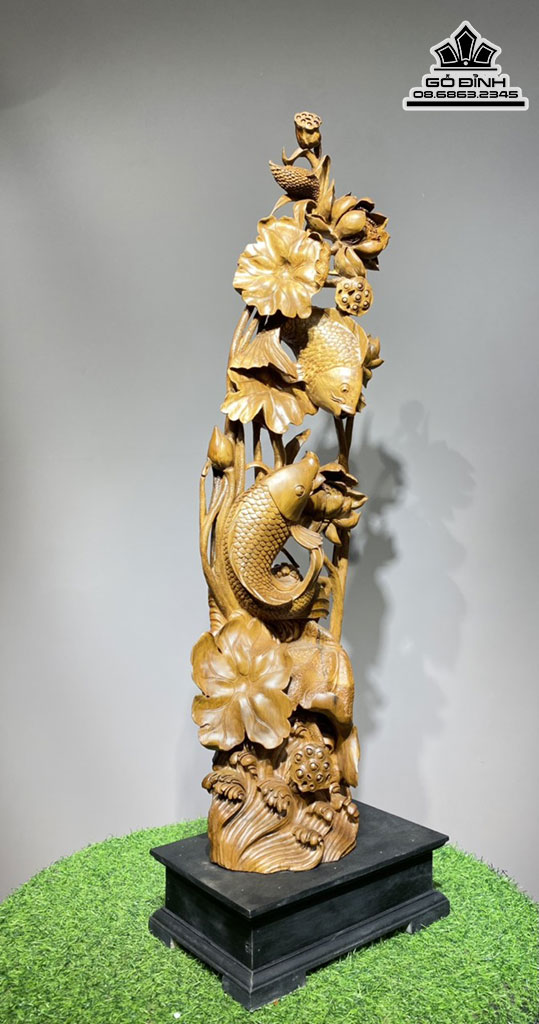 Tượng Song Ngư Đấm Sen Gỗ Bách Xanh Cao 89 Ngang 27 Sâu 17 (cm) 1