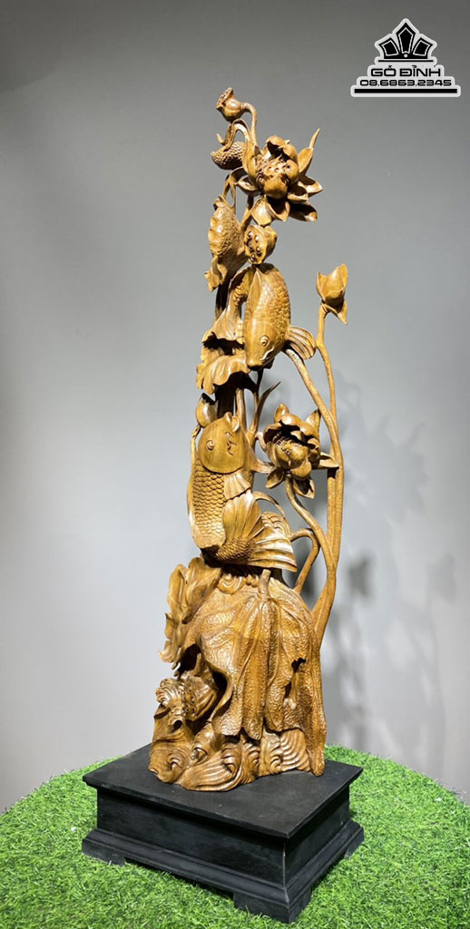 Tượng Song Ngư Đấm Sen Gỗ Bách Xanh Cao 89 Ngang 27 Sâu 17 (cm) 2