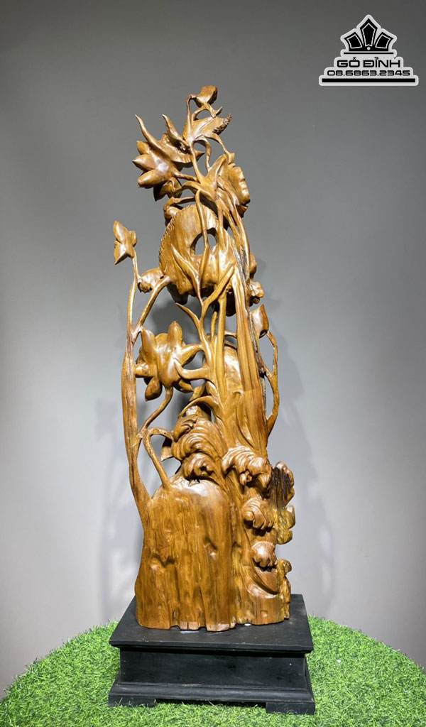 Tượng Song Ngư Đấm Sen Gỗ Bách Xanh Cao 89 Ngang 27 Sâu 17 (cm) 3