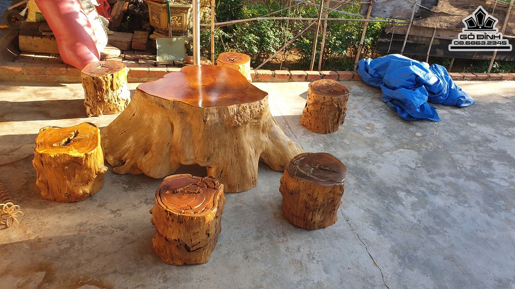 Bộ Bàn Ghế 6 Đôn Gỗ Dổi Để 180-150 Mặt 83-95 Cao 60 (cm) 2