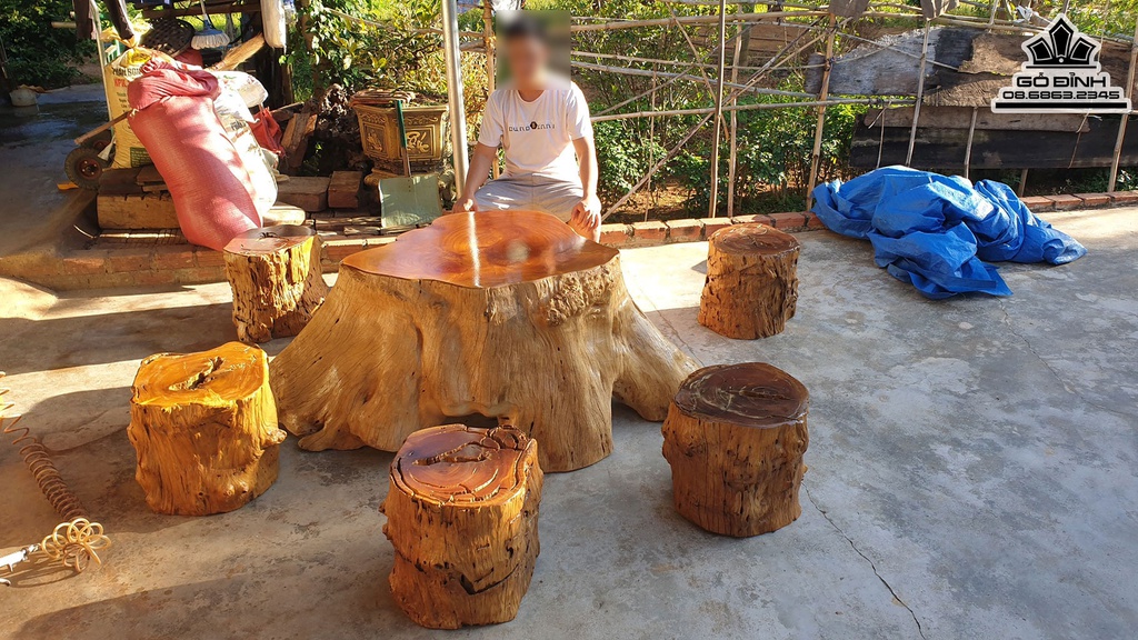 Bộ Bàn Ghế 6 Đôn Gỗ Dổi Để 180-150 Mặt 83-95 Cao 60 (cm) 4