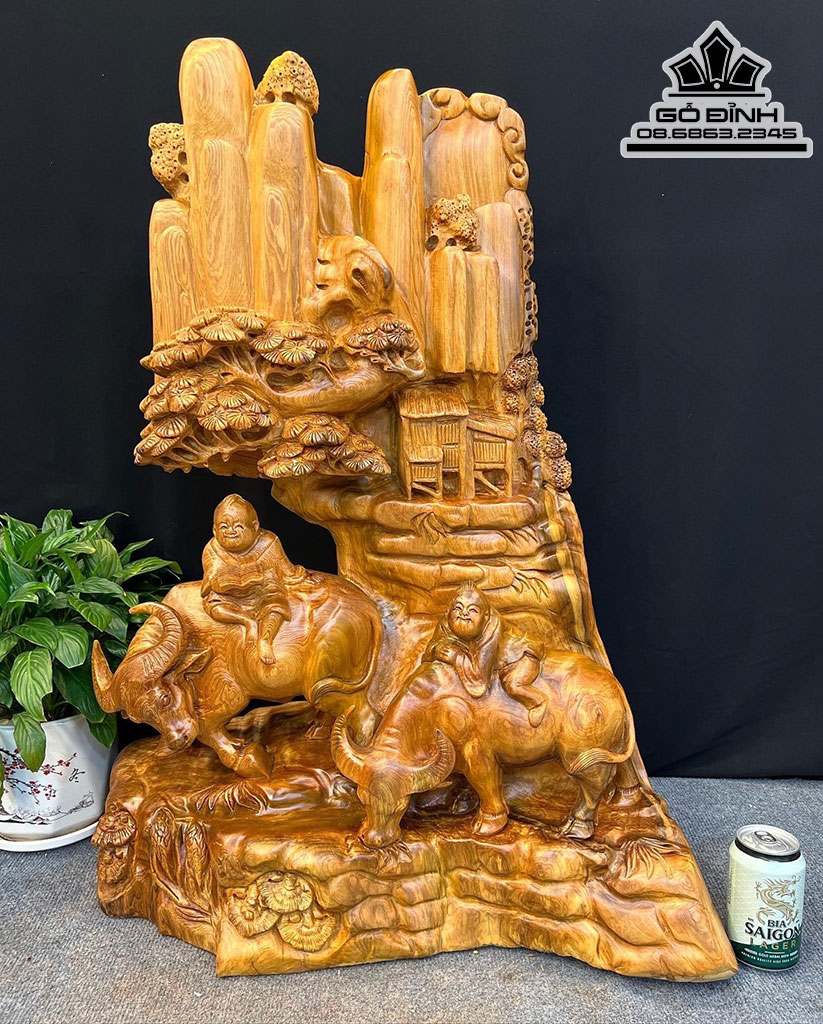 Tượng Tiểu Cảnh Chăn Trâu Gỗ Ngọc Am Cao 81 Ngang 63 Sâu 35 (cm)