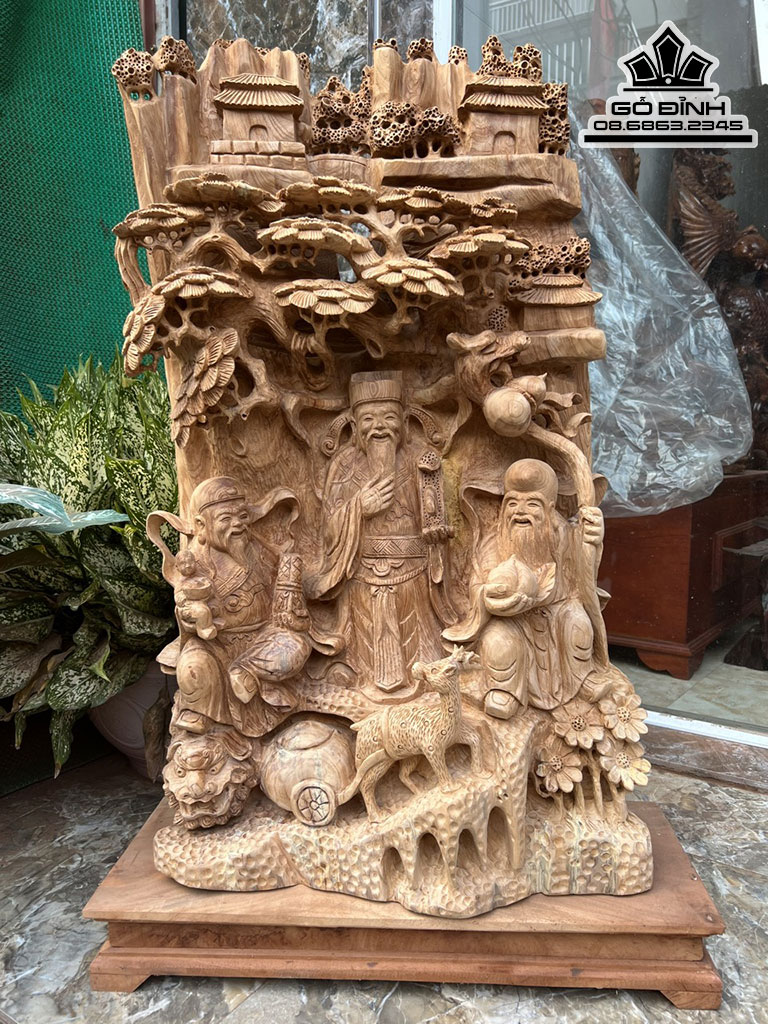 Tượng Phúc Lộc Thọ (Tam Đa) Gỗ Ngọc Am Nguyên Khối Cao 90 Ngang 48 Sâu 22 (cm)