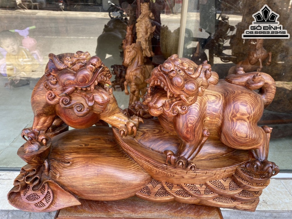 Tượng Song Nghê Gỗ Cẩm Nguyên Khối Cao 37 Ngang 58 Sâu 27 (cm)