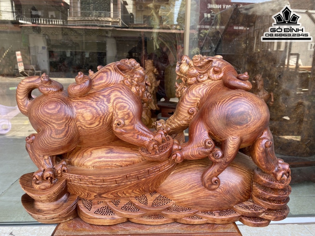 Tượng Song Nghê Gỗ Cẩm Nguyên Khối Cao 37 Ngang 58 Sâu 27 (cm)