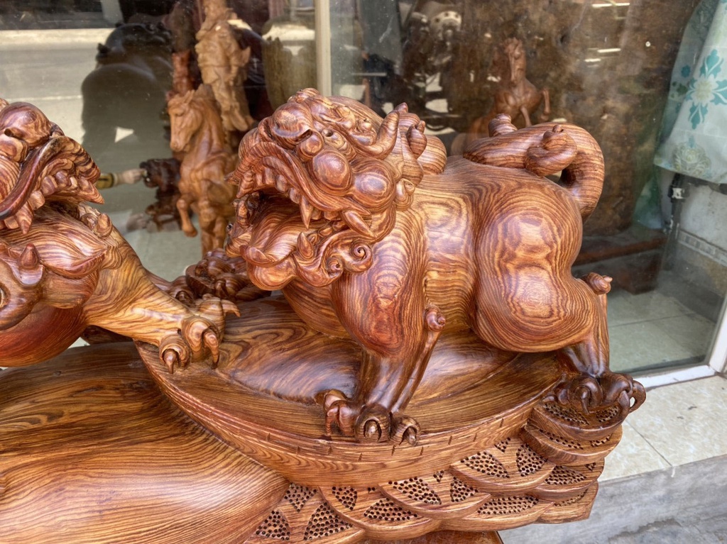 Tượng Song Nghê Gỗ Cẩm Nguyên Khối Cao 37 Ngang 58 Sâu 27 (cm)